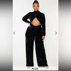 PLT Plus Black Velvet Cross Front Cut Out Long Sleeve Jumpsuit